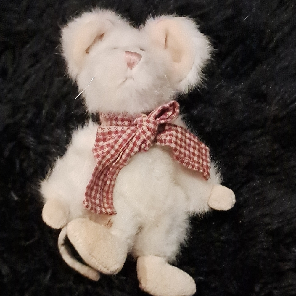 White and Red Plush Mouse Toy for Small Pets